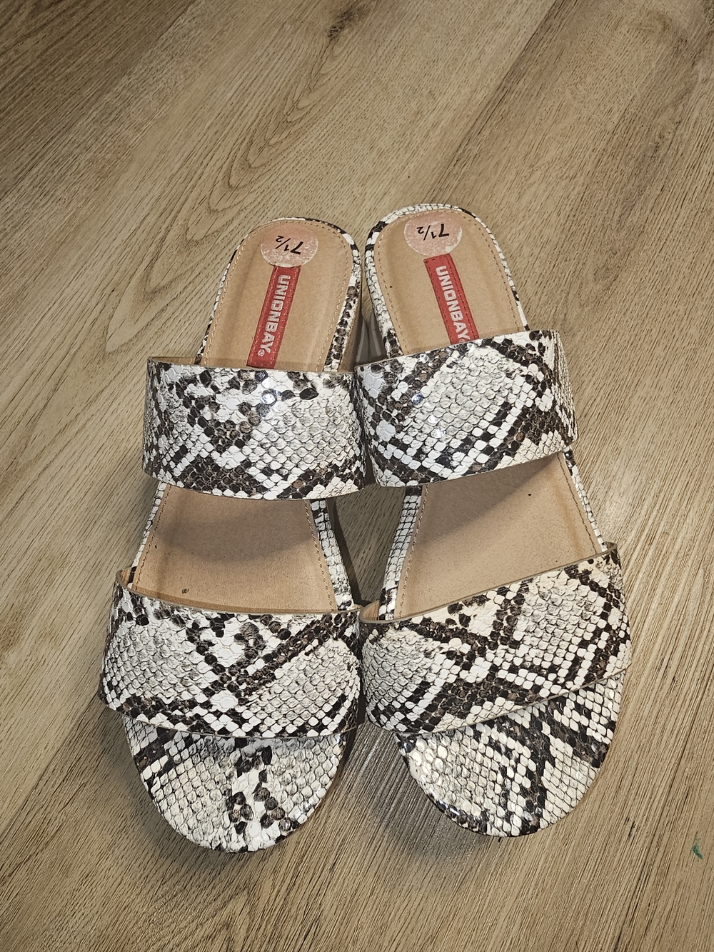 UNIONBAY Women's Snake-Print Slide Sandals in White/Brown